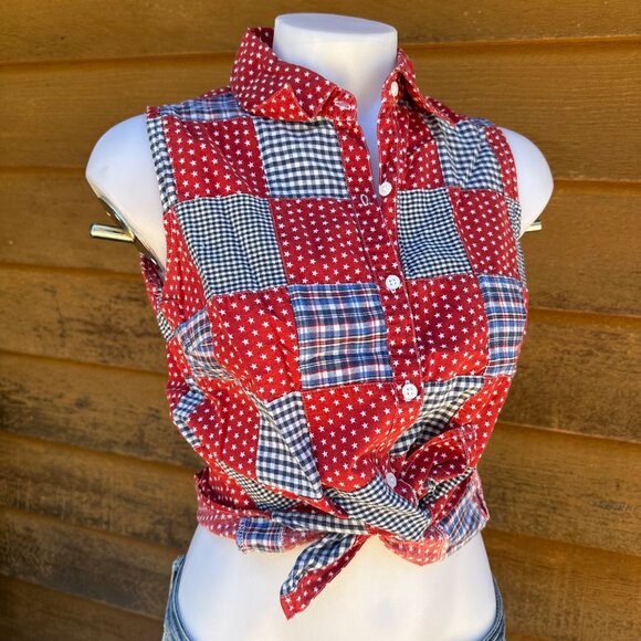 Vintage Cabin Creek Red White & Blue Patchwork Button Down Tank Top Women's Shir - Picture 2 of 8